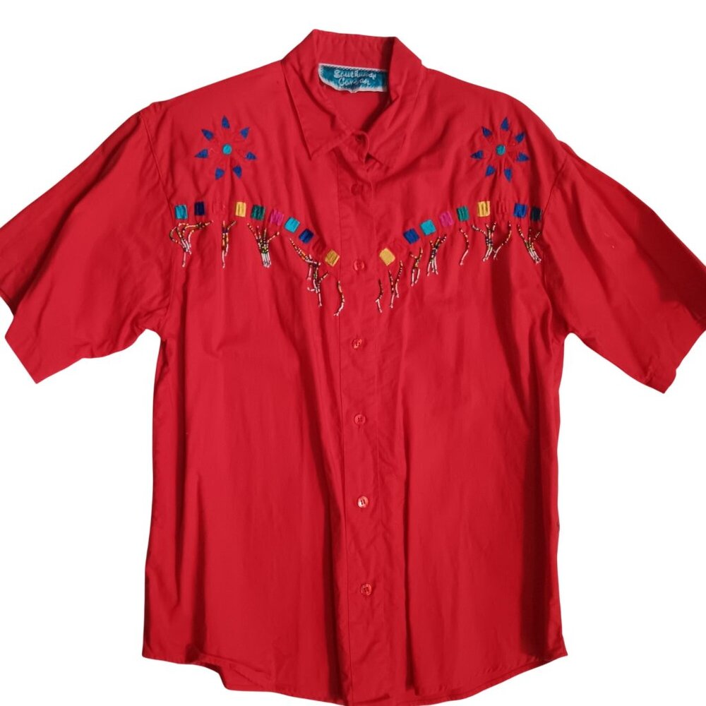 True Vintage Women's Medium Top Southwest Canyon Beaded Shirt Embroidered 1990's